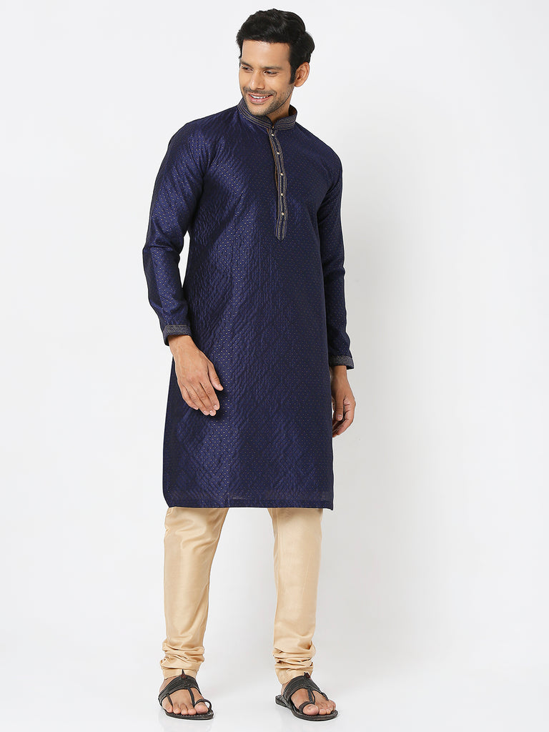 Men's Navy Polyester Embroidery Kurta