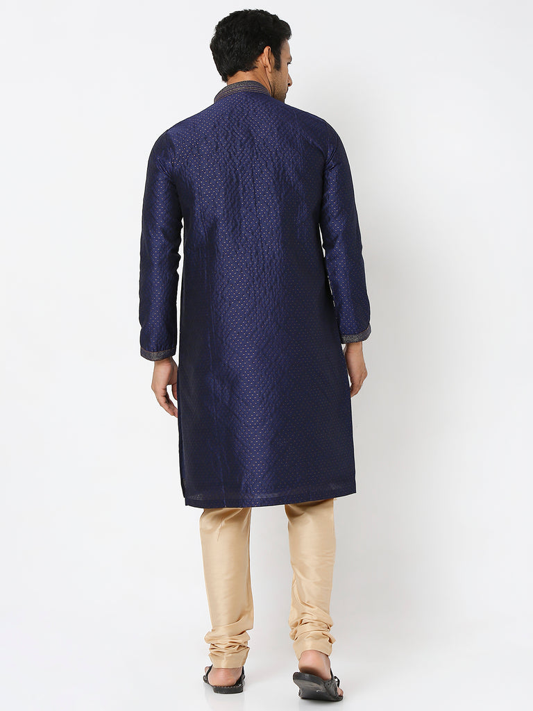 Men's Navy Polyester Embroidery Kurta