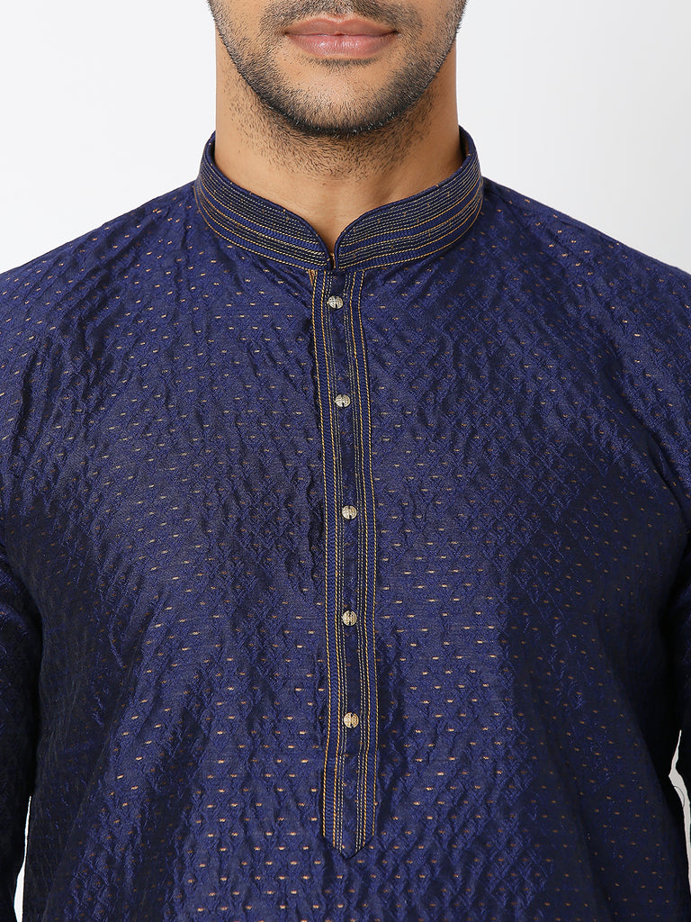 Men's Navy Polyester Embroidery Kurta