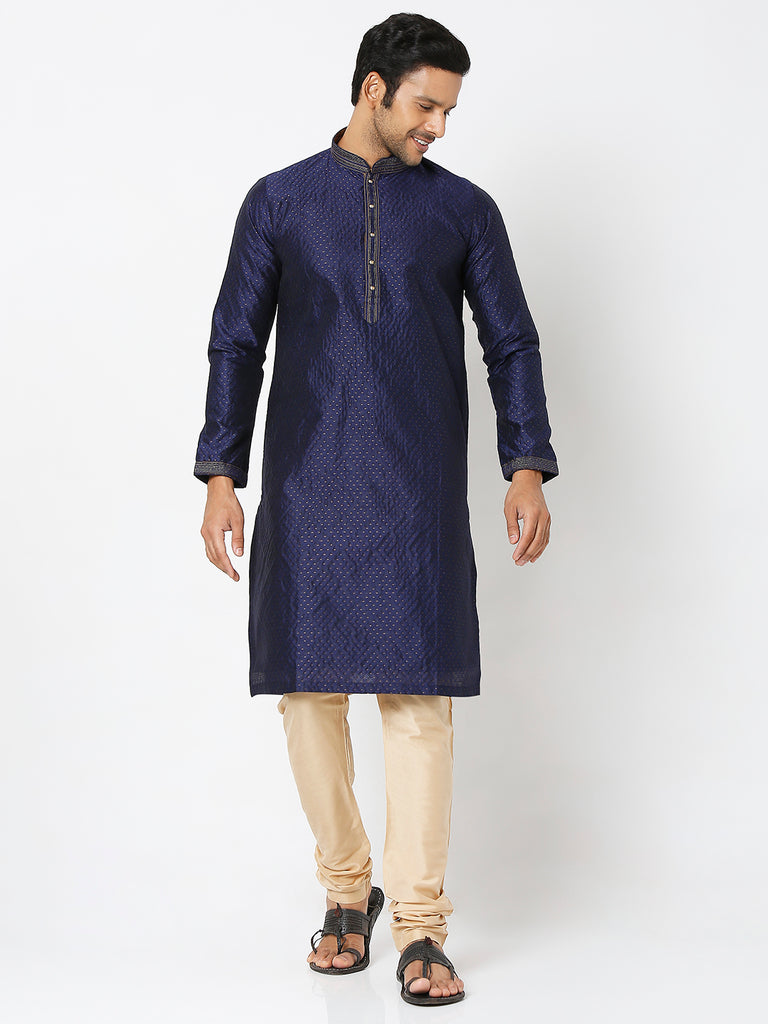 Men's Navy Polyester Embroidery Kurta