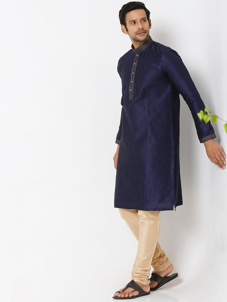 Men's Navy Polyester Embroidery Kurta