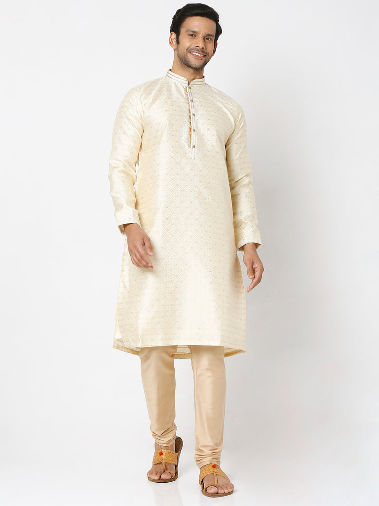 Men's Cream Polyester Embroidery Kurta