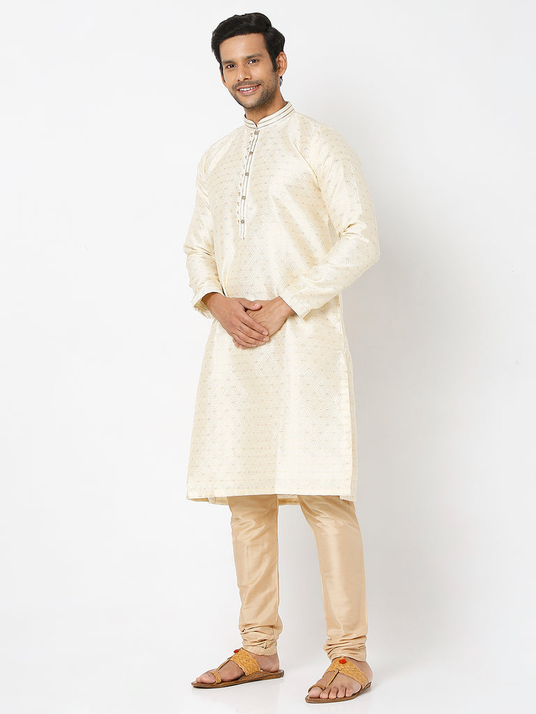 Men's Cream Polyester Embroidery Kurta