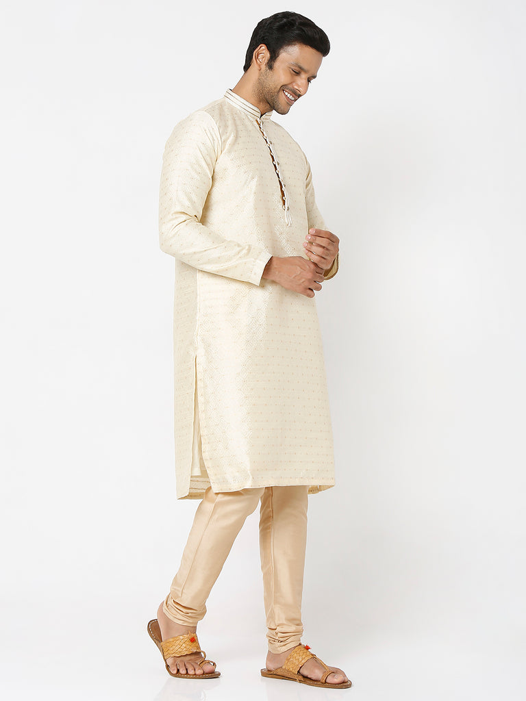 Men's Cream Polyester Embroidery Kurta