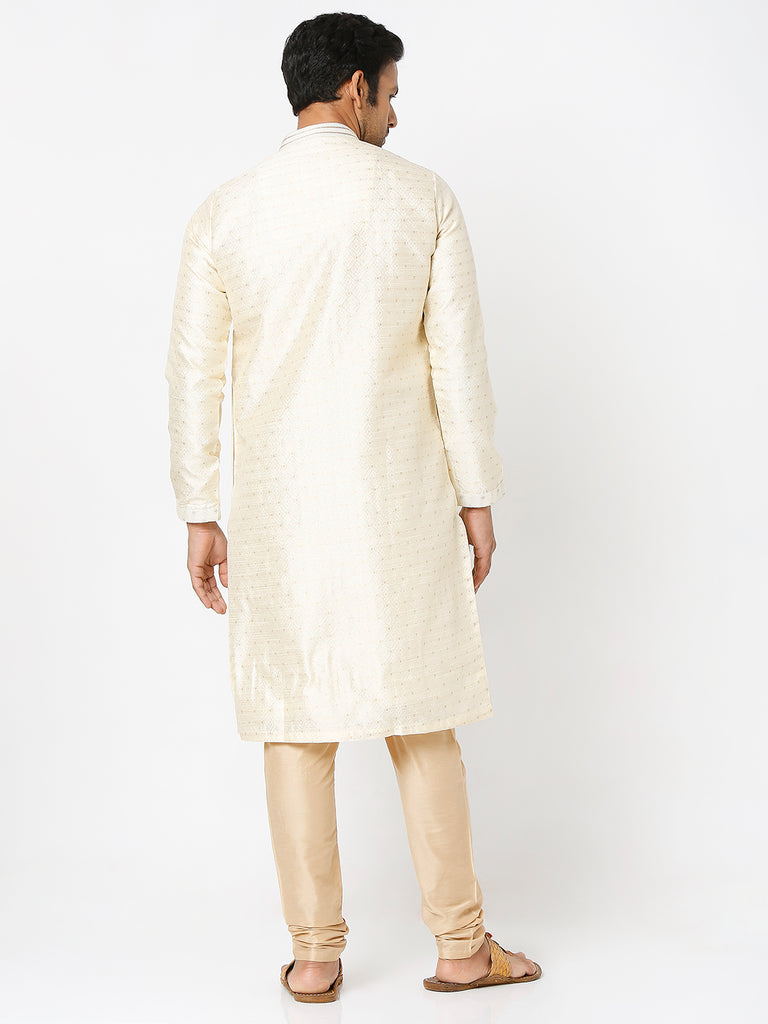Men's Cream Polyester Embroidery Kurta