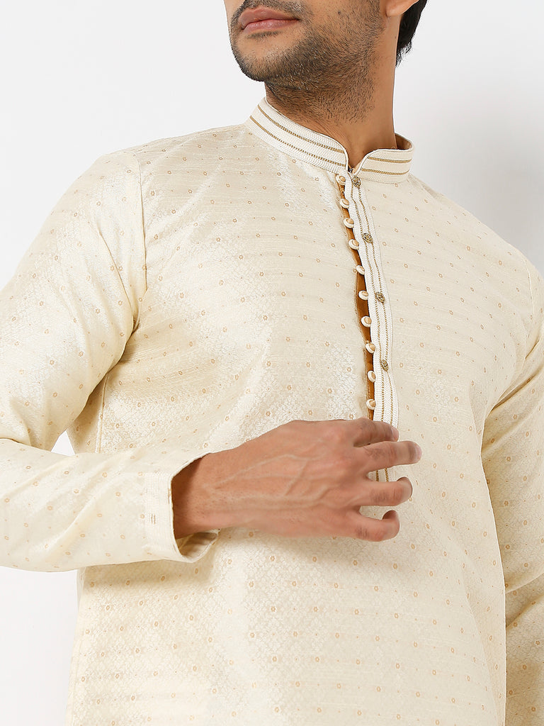 Men's Cream Polyester Embroidery Kurta