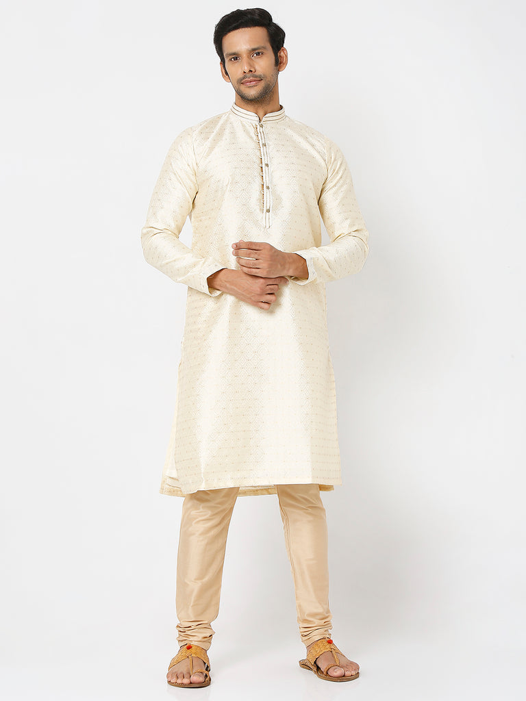 Men's Cream Polyester Embroidery Kurta