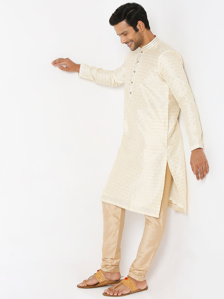 Men's Cream Polyester Embroidery Kurta