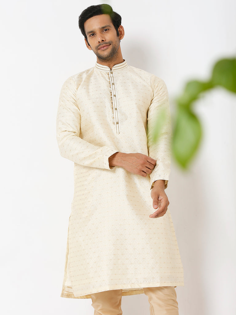 Men's Cream Polyester Embroidery Kurta