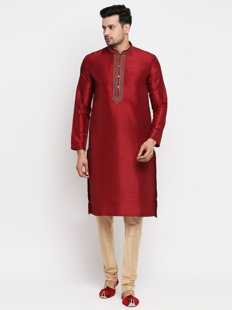 Men's Maroon Polyester Embroidered Kurta