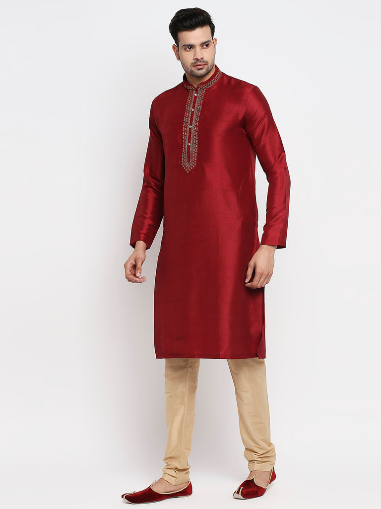 Men's Maroon Polyester Embroidered Kurta