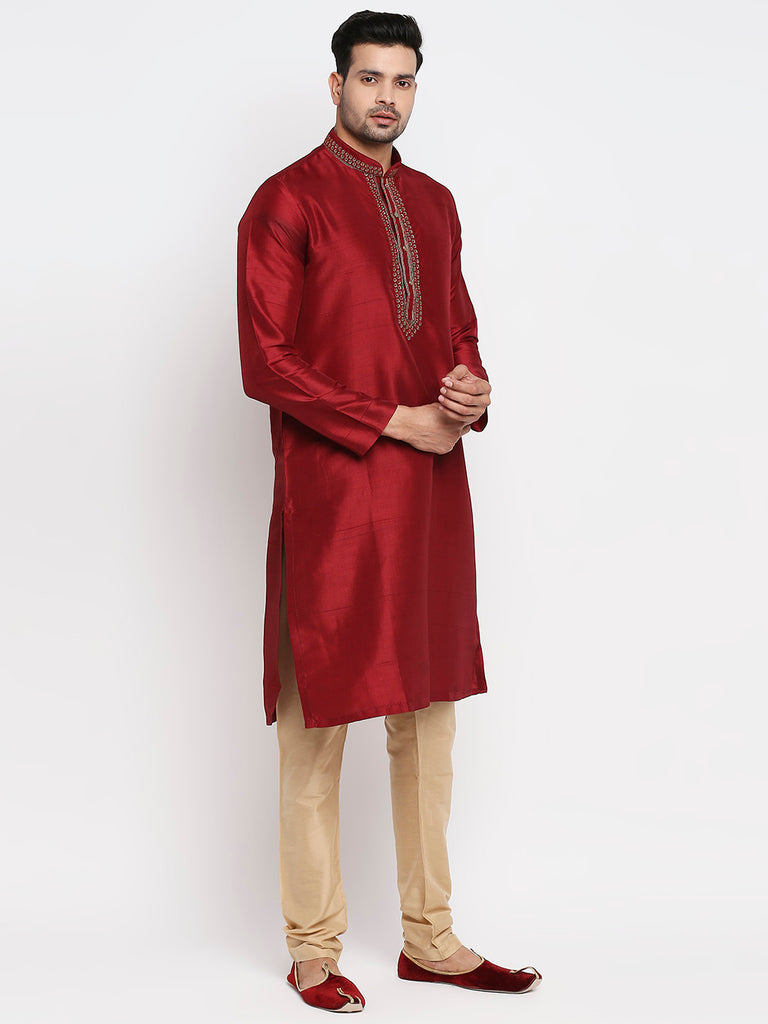 Men's Maroon Polyester Embroidered Kurta