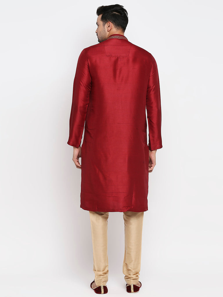 Men's Maroon Polyester Embroidered Kurta