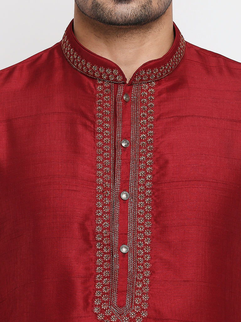 Men's Maroon Polyester Embroidered Kurta