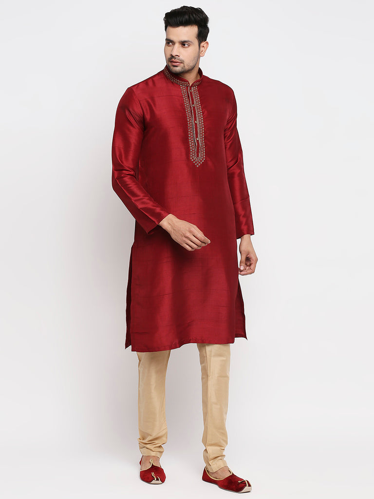 Men's Maroon Polyester Embroidered Kurta