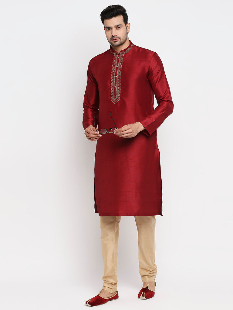 Men's Maroon Polyester Embroidered Kurta