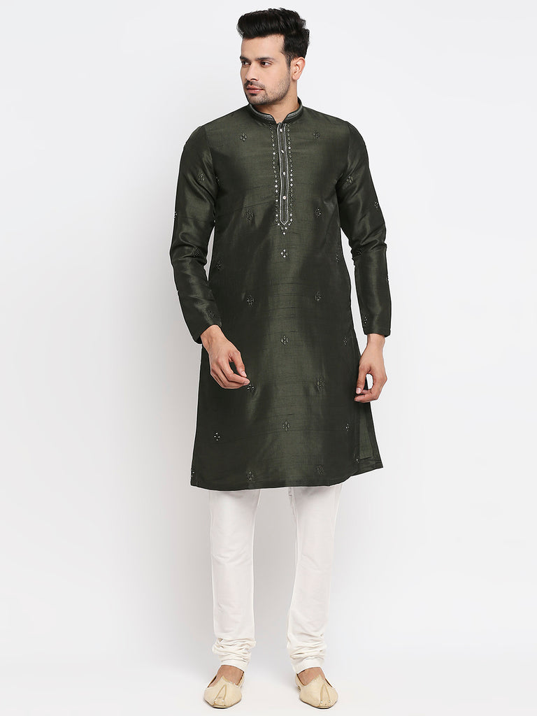 Men's Bottle Green Polyester Embroidered Kurta