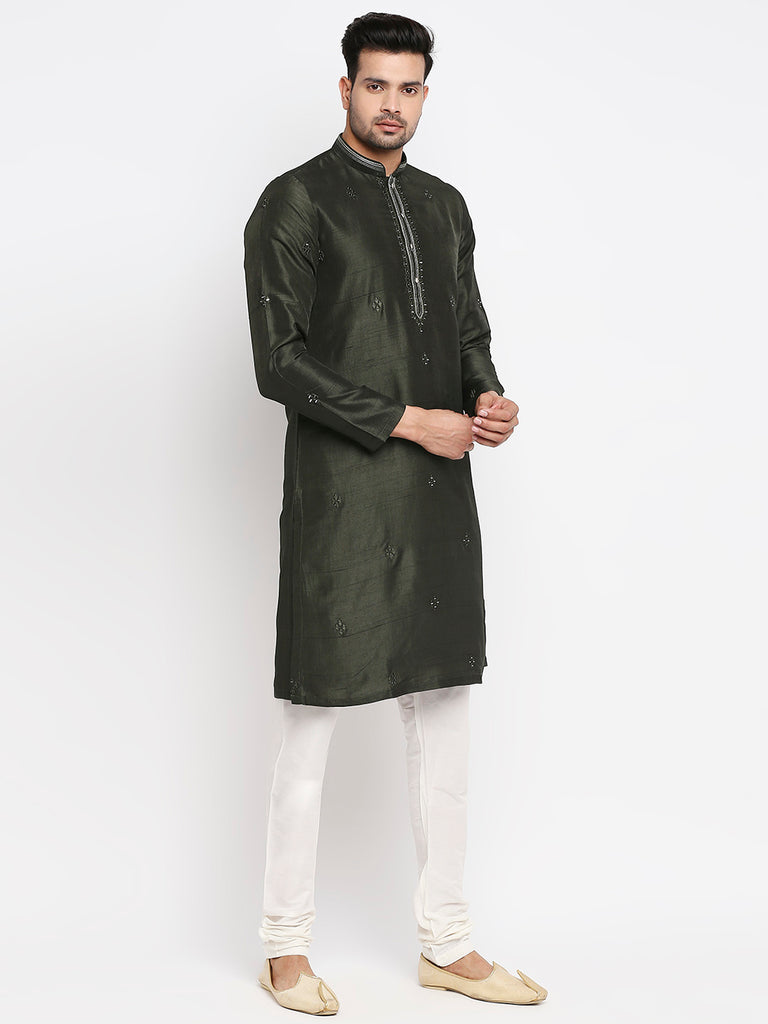Men's Bottle Green Polyester Embroidered Kurta