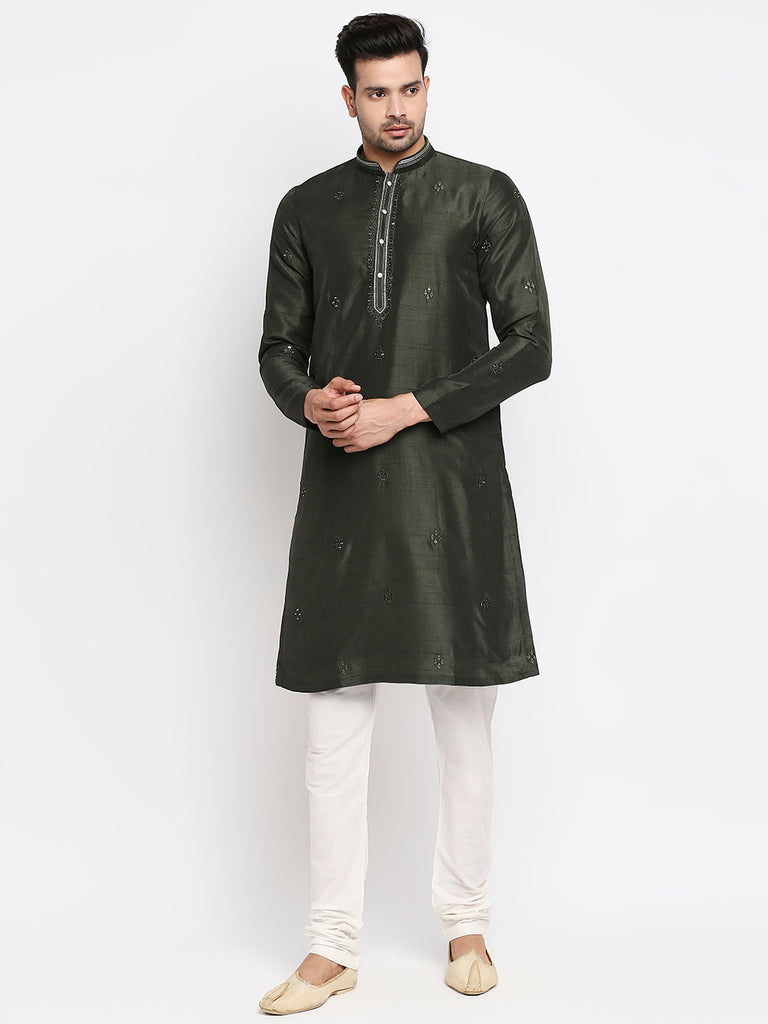 Men's Bottle Green Polyester Embroidered Kurta