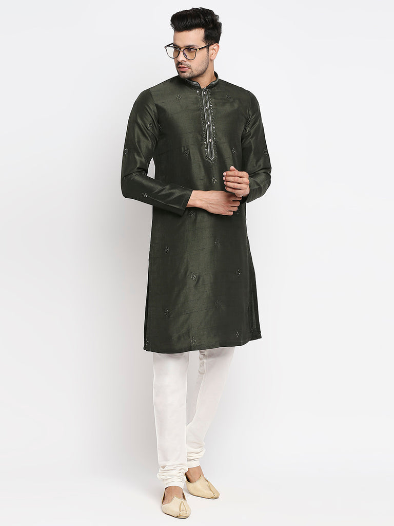 Men's Bottle Green Polyester Embroidered Kurta