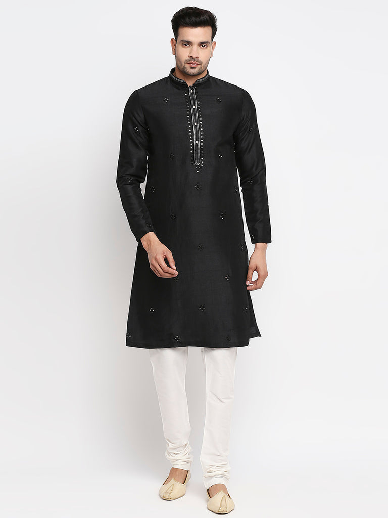 Men's Black Polyester Embroidered Kurta