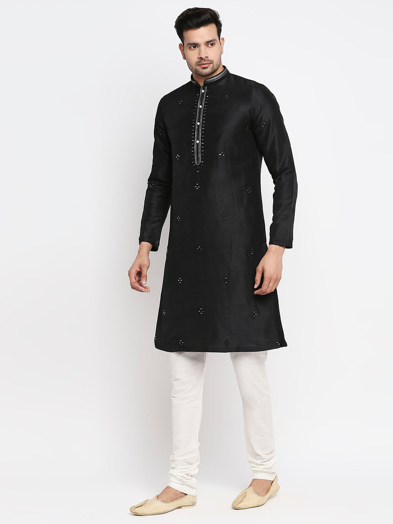 Men's Black Polyester Embroidered Kurta