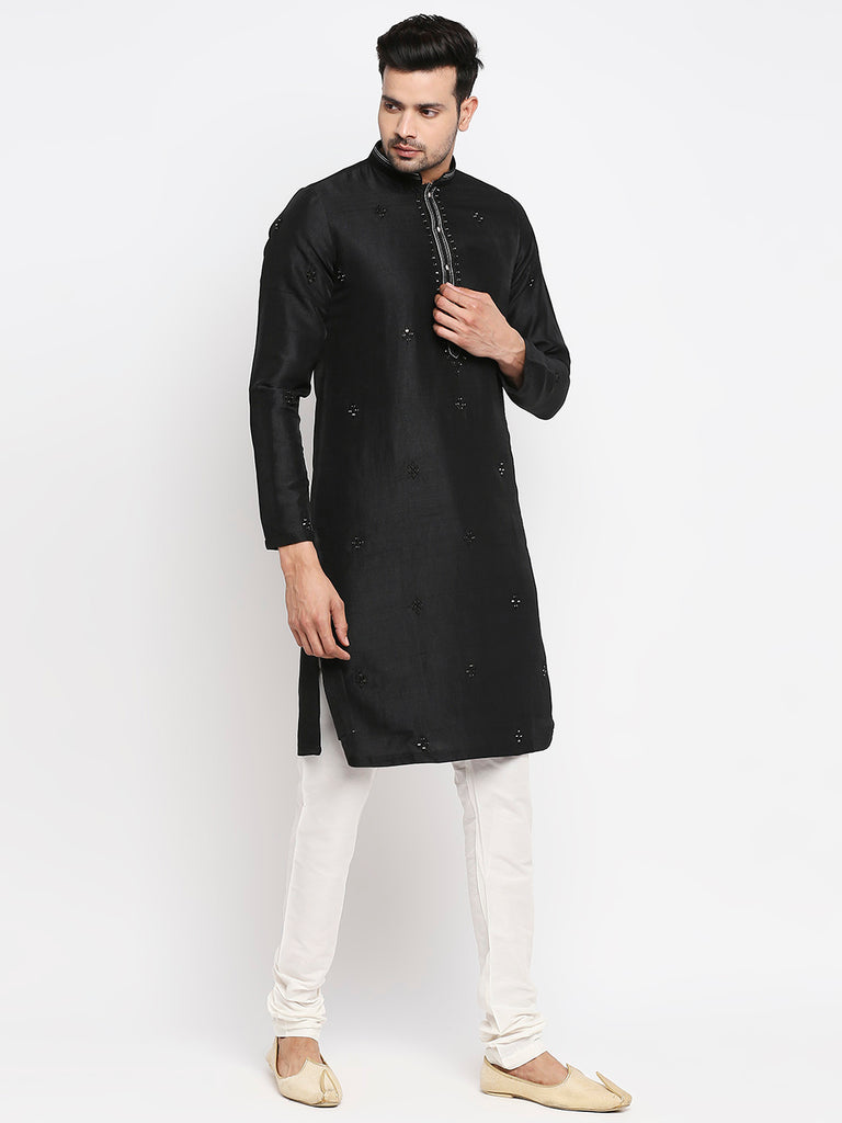 Men's Black Polyester Embroidered Kurta