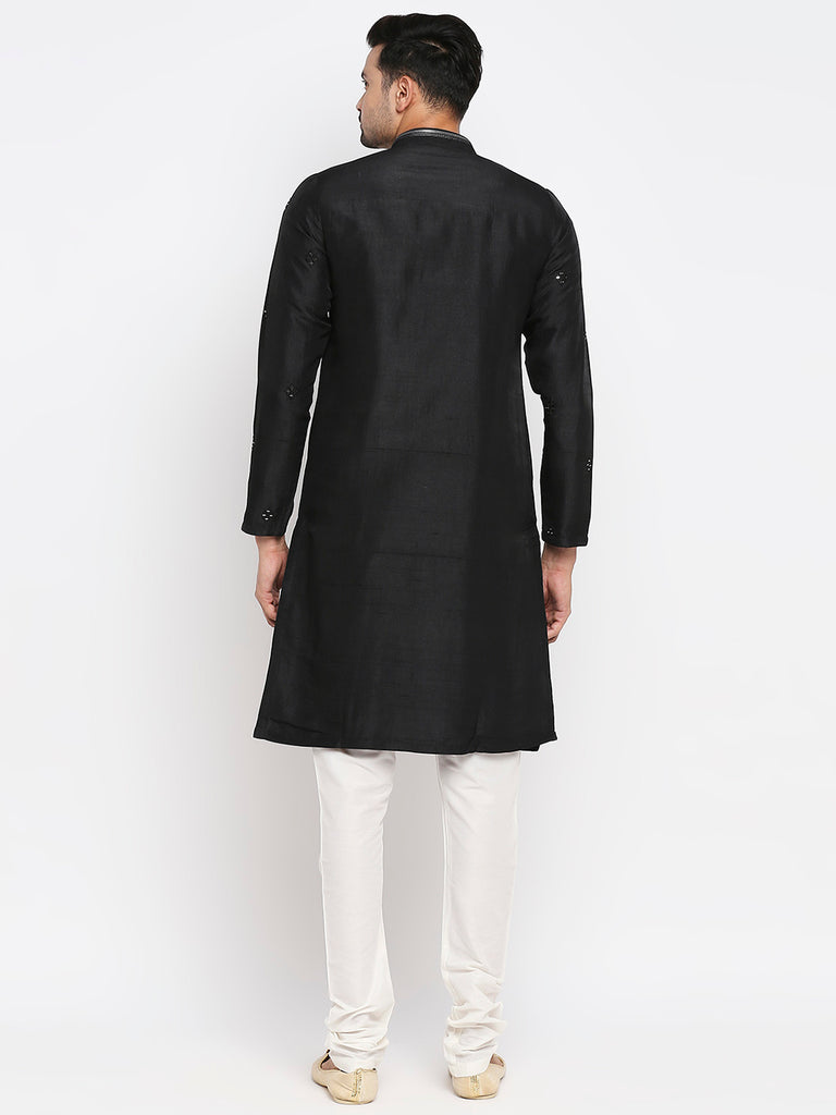 Men's Black Polyester Embroidered Kurta