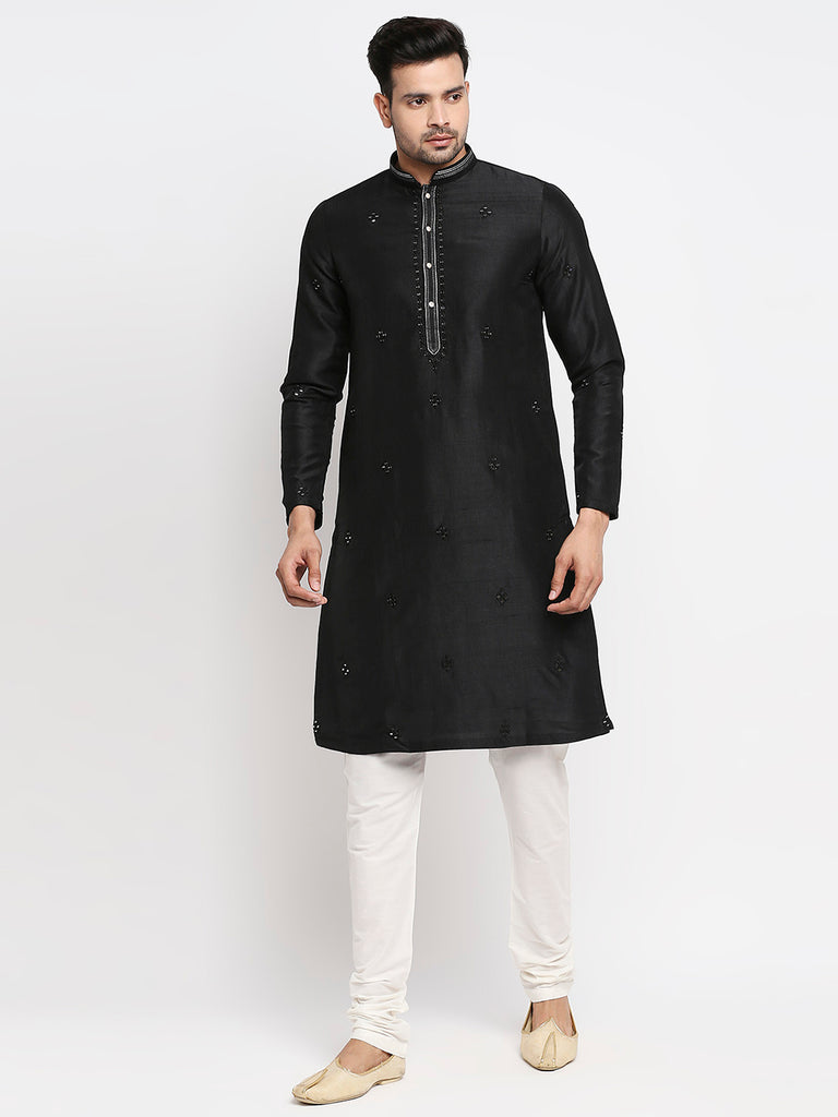 Men's Black Polyester Embroidered Kurta