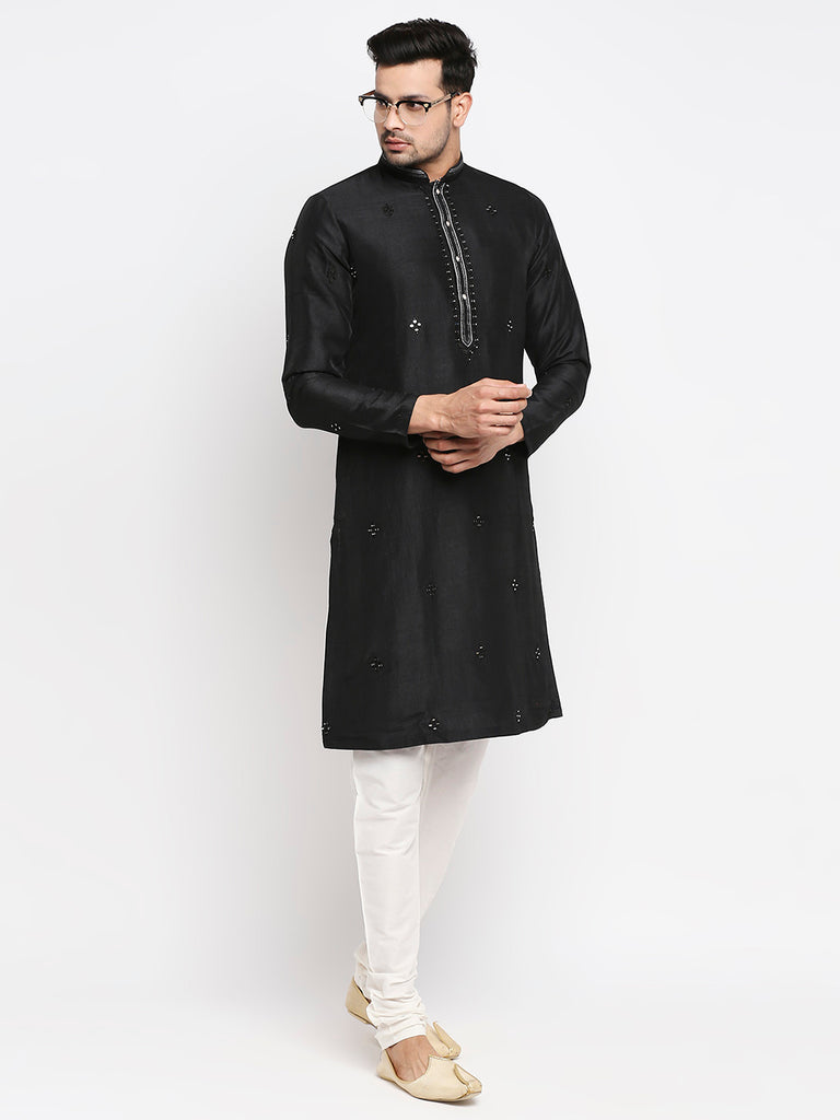 Men's Black Polyester Embroidered Kurta