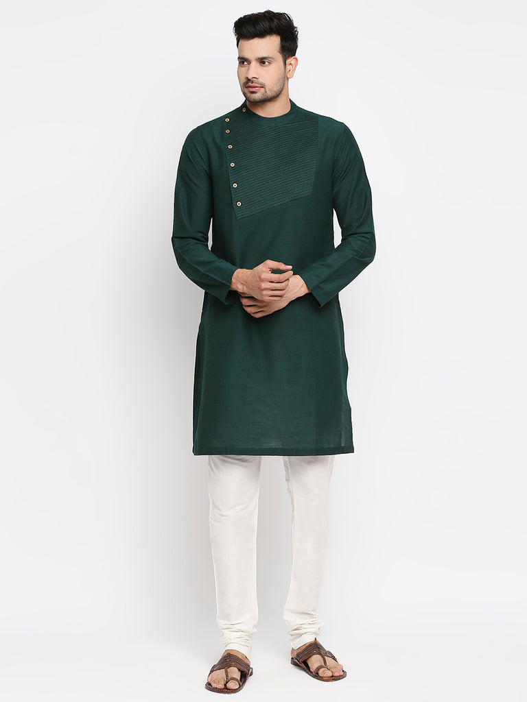 Men's Bottle Green Polyester Viscose Embroidered Kurta