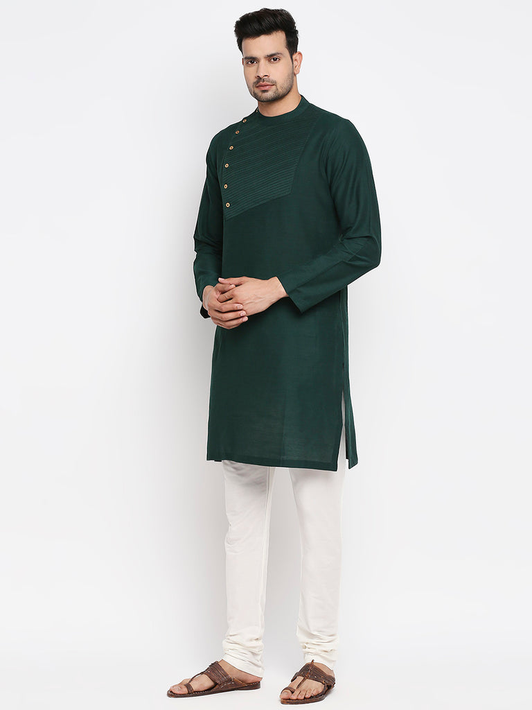 Men's Bottle Green Polyester Viscose Embroidered Kurta