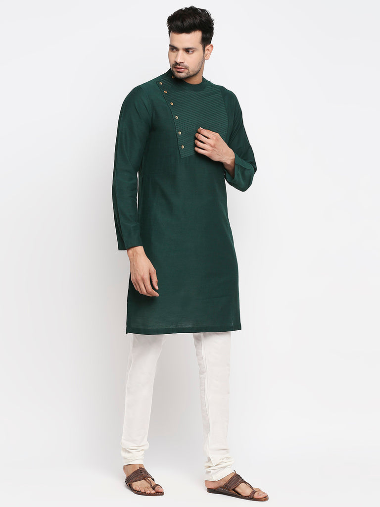 Men's Bottle Green Polyester Viscose Embroidered Kurta