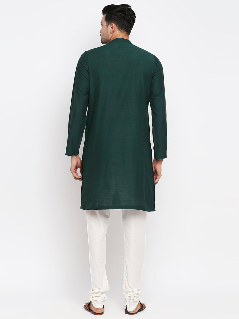 Men's Bottle Green Polyester Viscose Embroidered Kurta