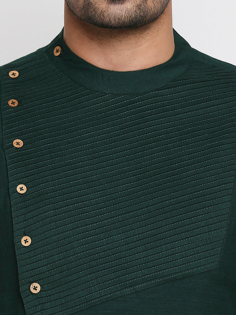 Men's Bottle Green Polyester Viscose Embroidered Kurta