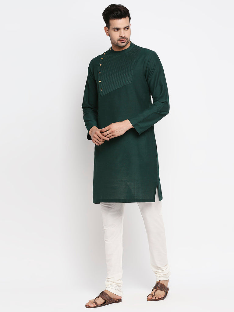 Men's Bottle Green Polyester Viscose Embroidered Kurta