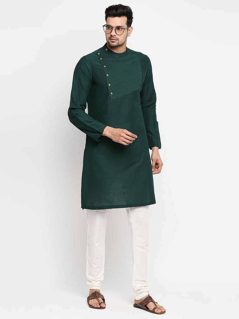 Men's Bottle Green Polyester Viscose Embroidered Kurta