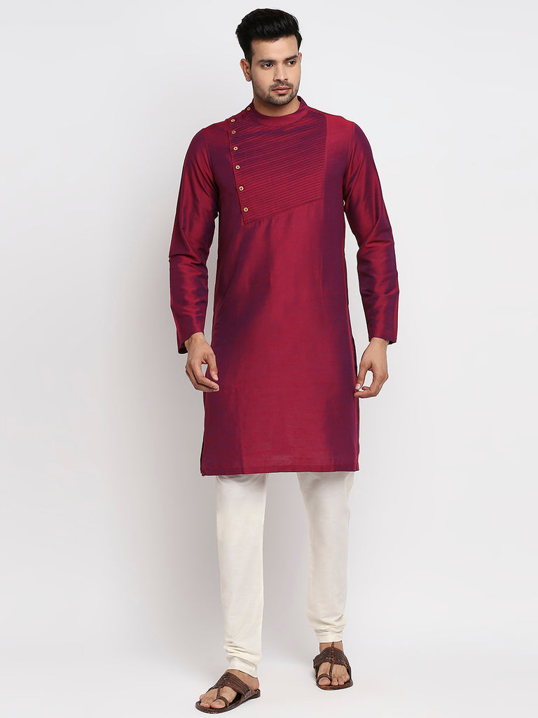 Men's Wine Polyester Viscose Embroidered Kurta