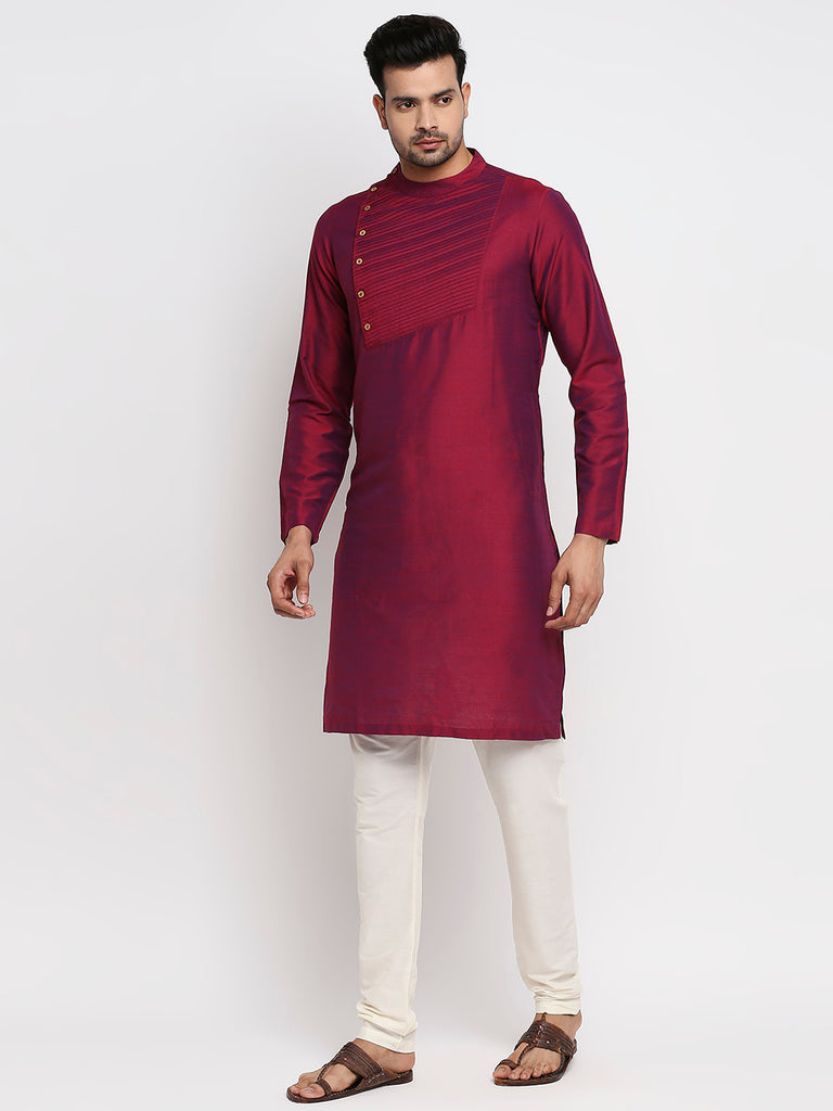 Men's Wine Polyester Viscose Embroidered Kurta