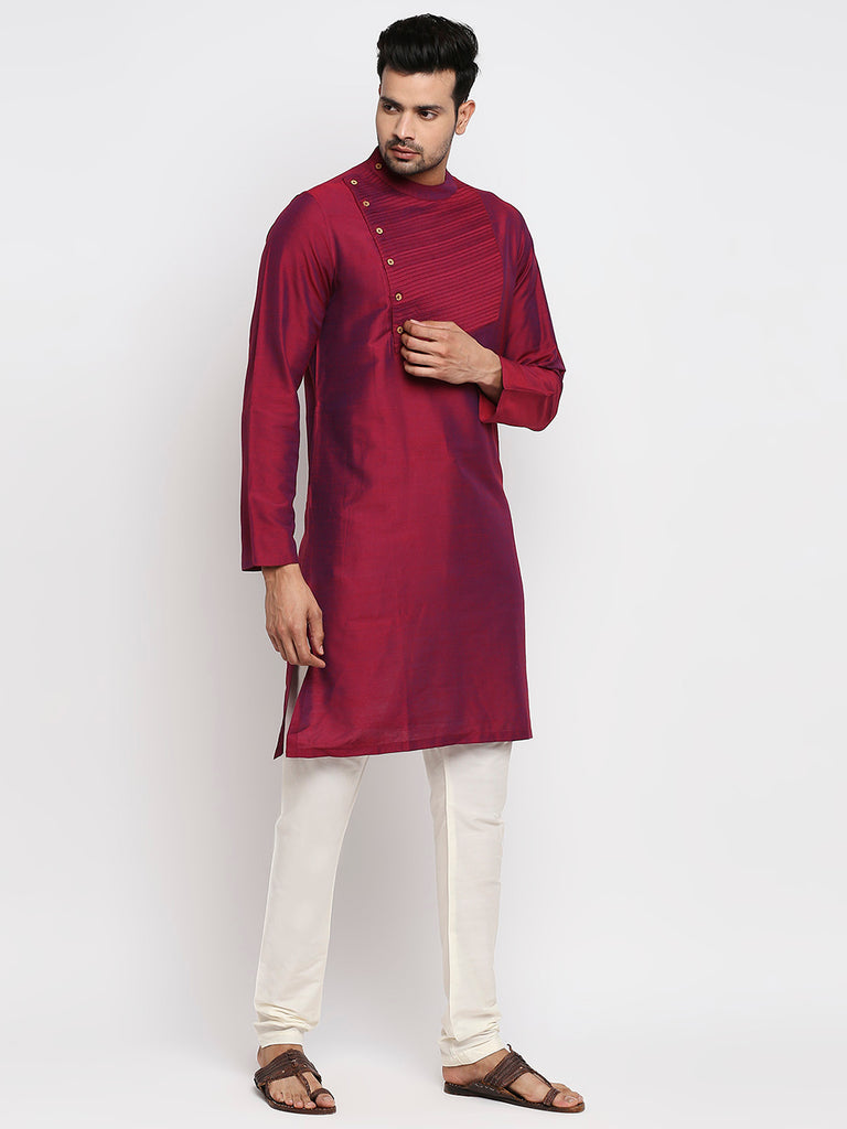 Men's Wine Polyester Viscose Embroidered Kurta