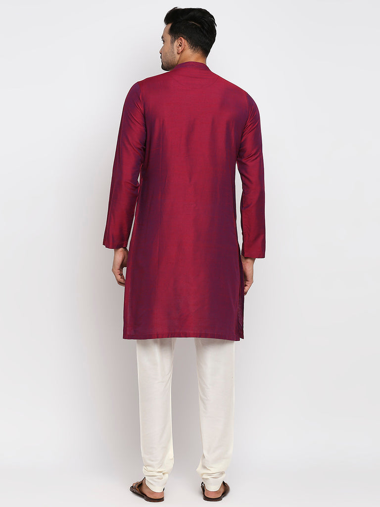 Men's Wine Polyester Viscose Embroidered Kurta