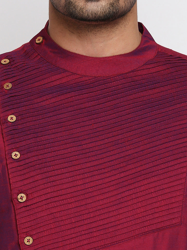Men's Wine Polyester Viscose Embroidered Kurta