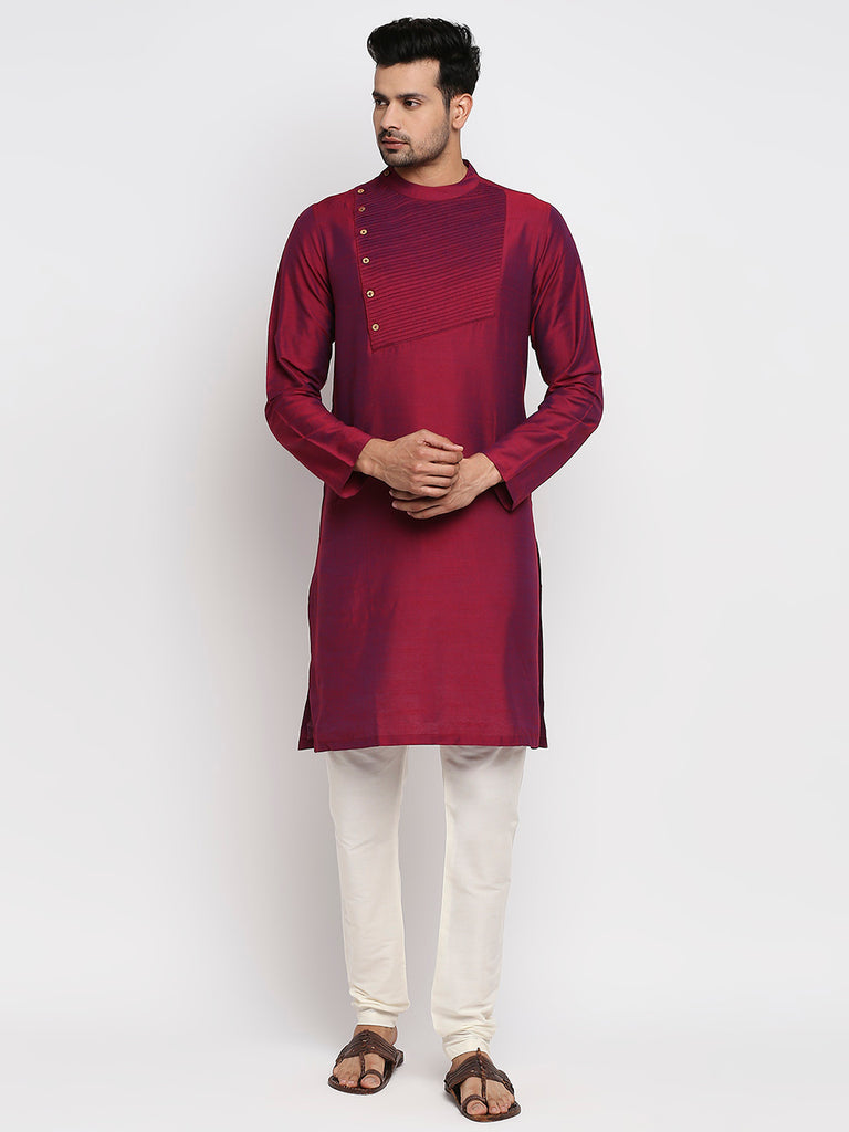 Men's Wine Polyester Viscose Embroidered Kurta