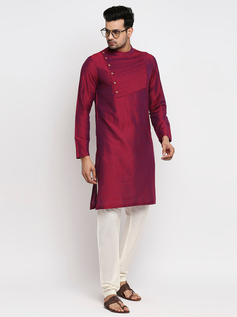 Men's Wine Polyester Viscose Embroidered Kurta