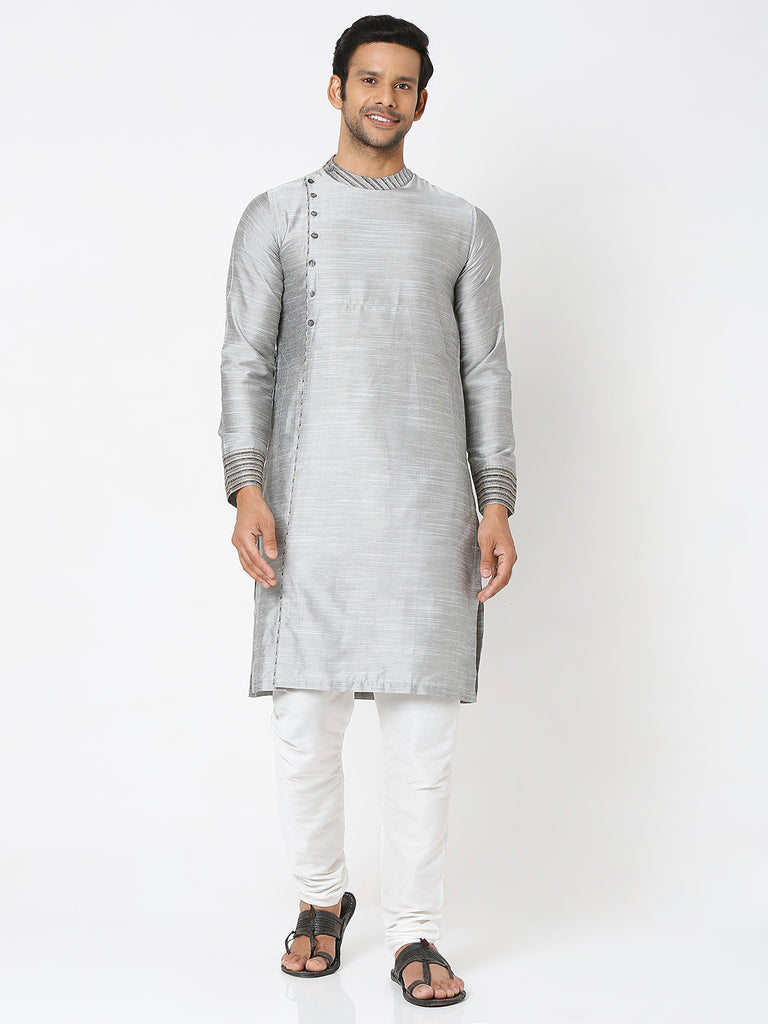 Men's Grey Polyester Viscose Embroidered Kurta