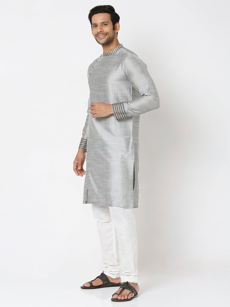 Men's Grey Polyester Viscose Embroidered Kurta