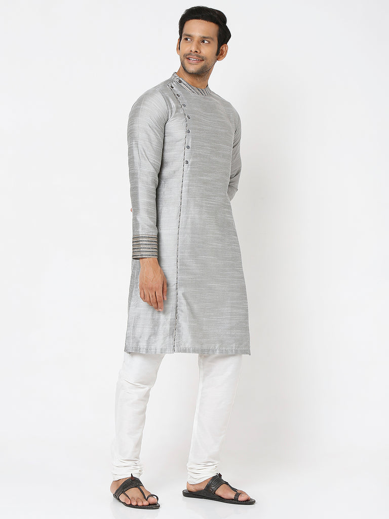 Men's Grey Polyester Viscose Embroidered Kurta