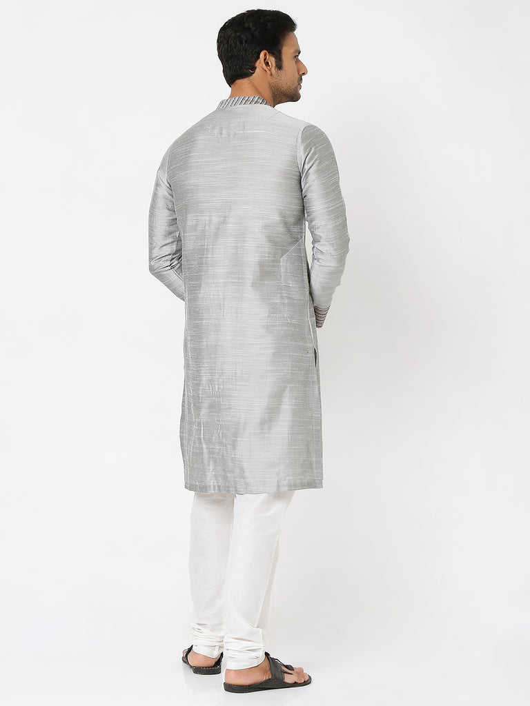 Men's Grey Polyester Viscose Embroidered Kurta