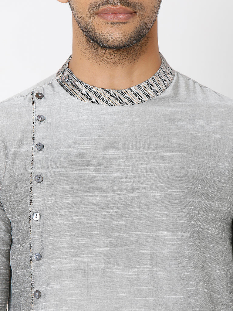 Men's Grey Polyester Viscose Embroidered Kurta