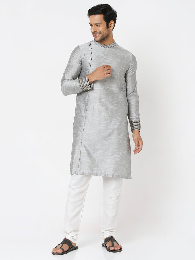 Men's Grey Polyester Viscose Embroidered Kurta